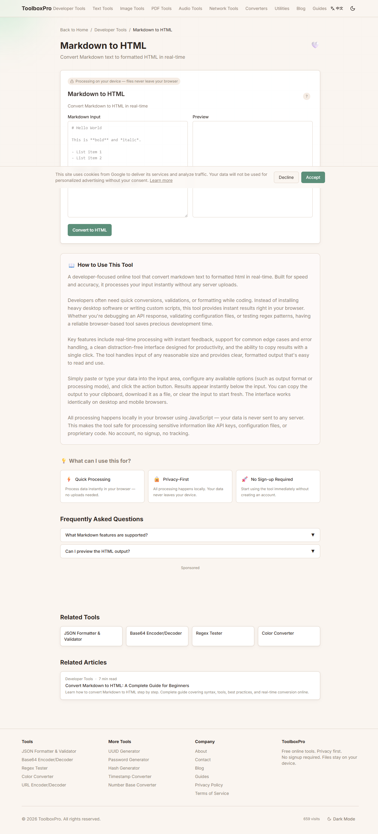 Markdown to HTML Converter Tool — Convert Markdown text to formatted HTML in real-time